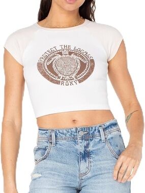 (NWOT) Roxy Protect The Locals Crop Tee Women’s Small Beige Baseball Graphic Top